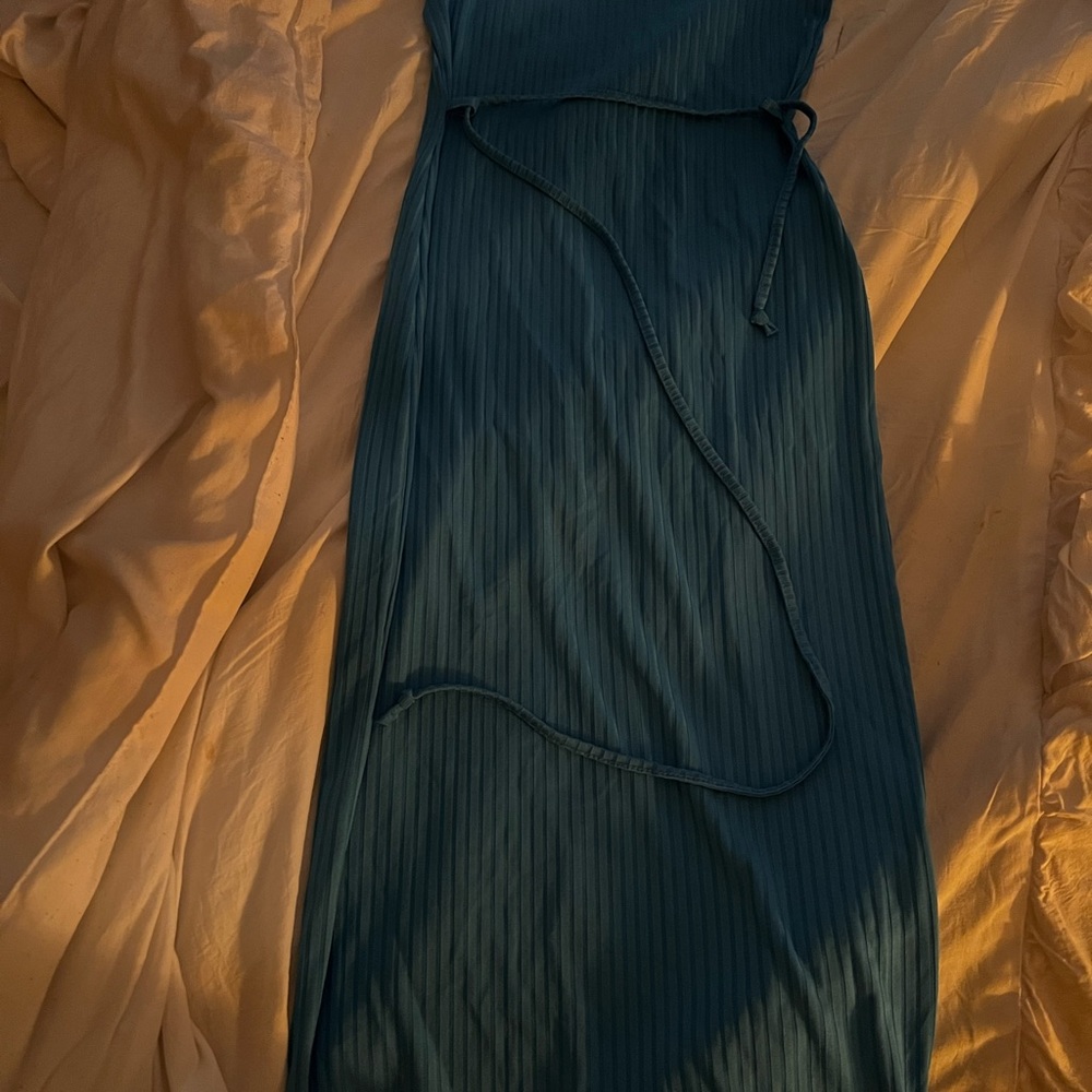 Missguided tall blue  rib tie belt cami midaxi dress - Picture 5 of 6